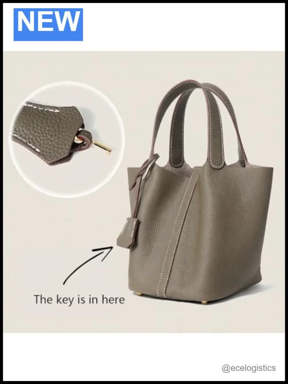 Genuine Leather Bucket Bag Top-Handle Satchel Handbag with Lock